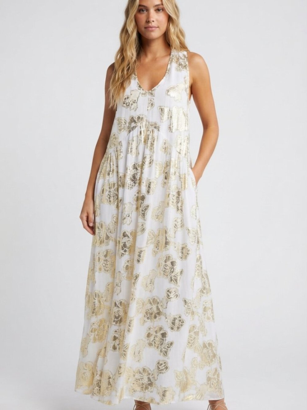 Ciebon White Gold Cece Metallic Floral Maxi Dress Size XS 57203
